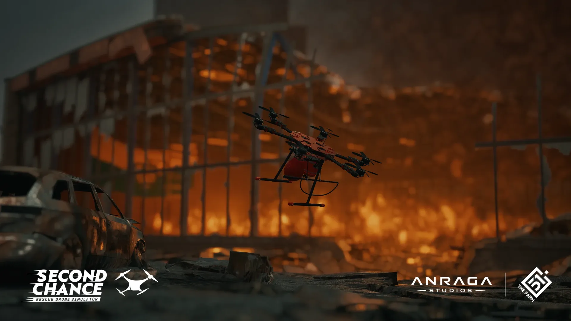 Firefighting drone responding to a blaze in Rescue Drone Simulator: Second Chance