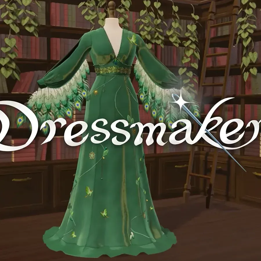 A player stitching fabric together to create an ornate dress in Dressmaker