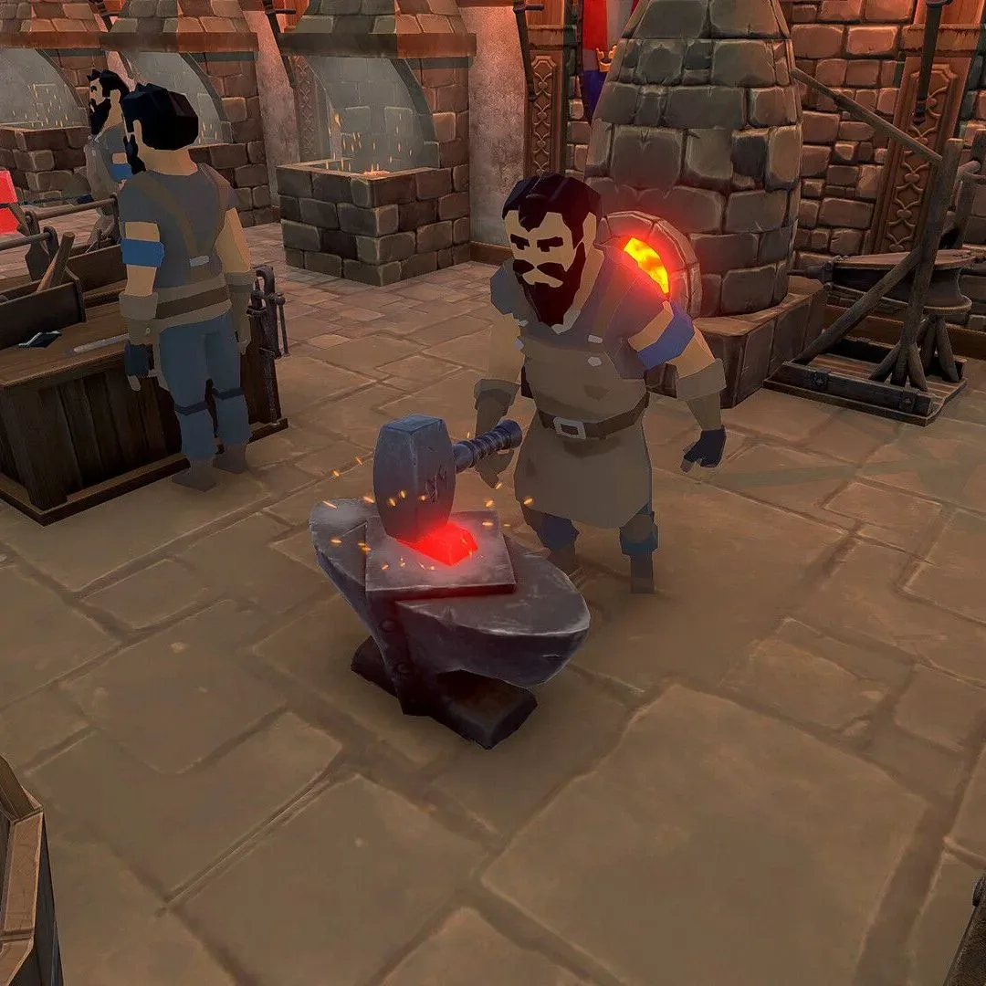 A blacksmith character working at an anvil in Blacksmith Master