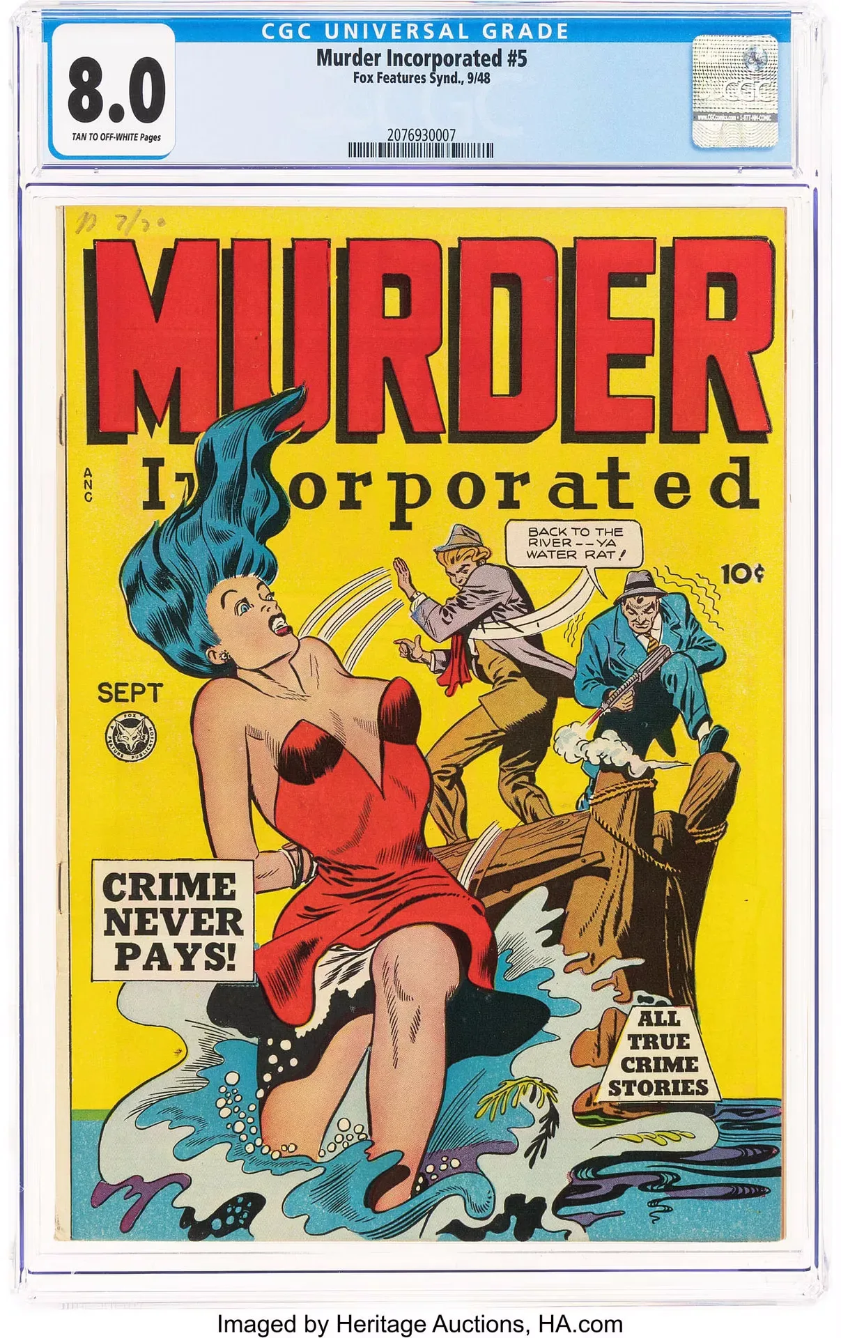 Murder Incorporated #5 (Fox, 1948) front cover. A bound woman in a red dress falls toward the water beside a pier, with two men behind her, one firing a gun.