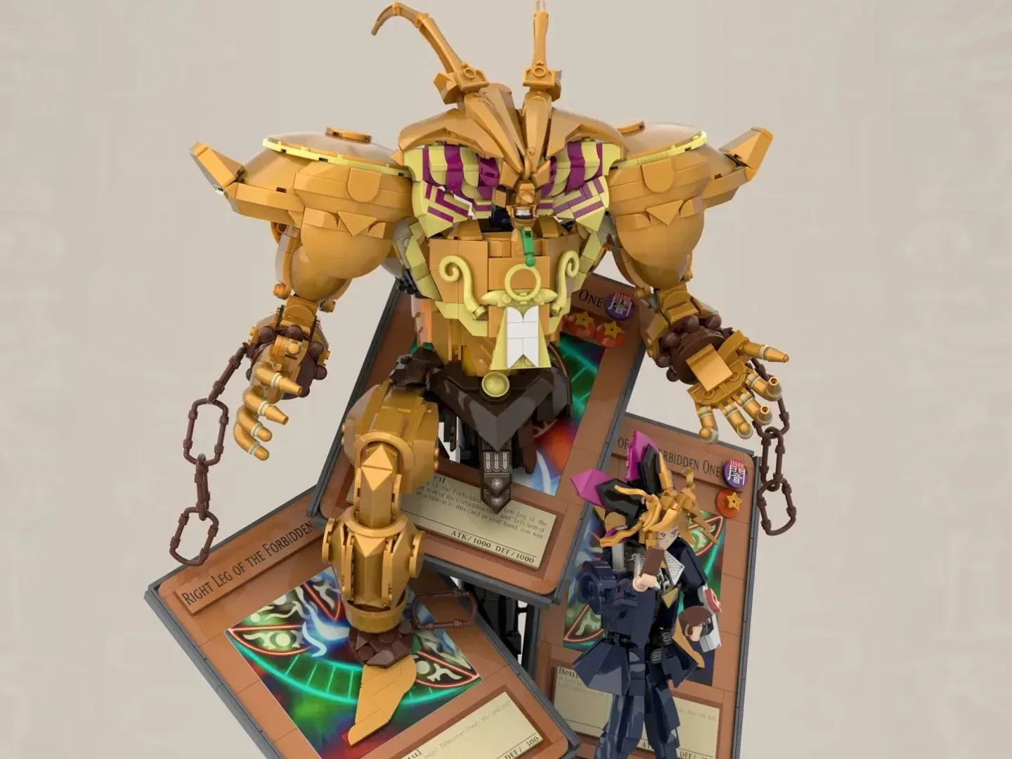 Lego Exodia figure emerging from playing cards, against a beige background