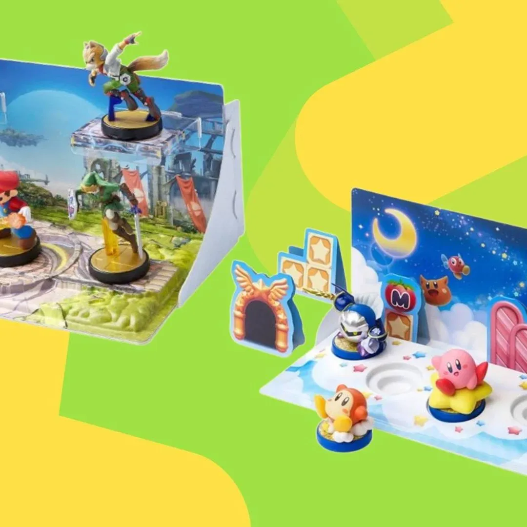 Amiibo figures arranged on a themed Nintendo diorama display