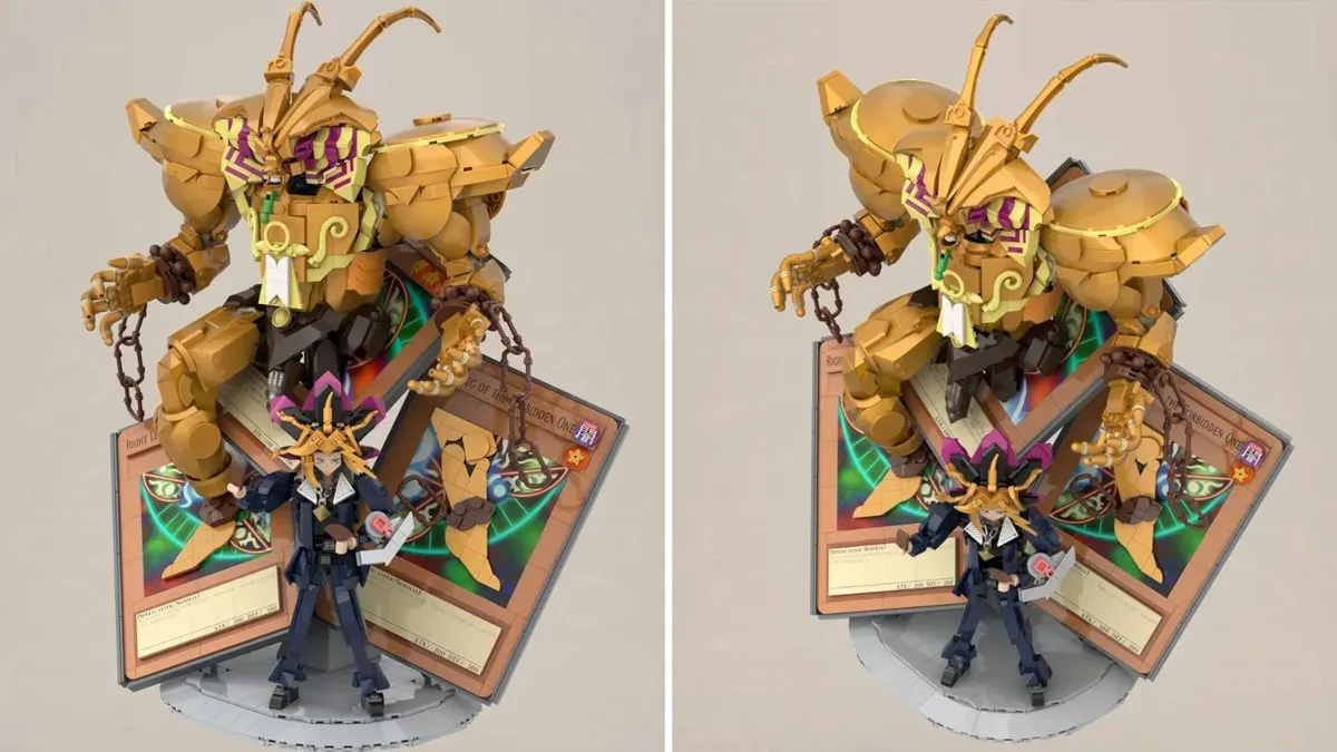The Lego Yu-Gi-Oh Exodia model, divided by a white line and seen from different angles