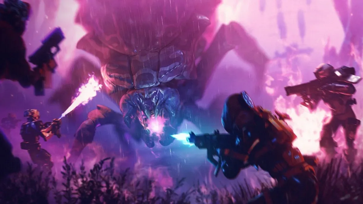 Marathon Runners firing weapons at a giant insect-like alien creature on Tau Ceti IV