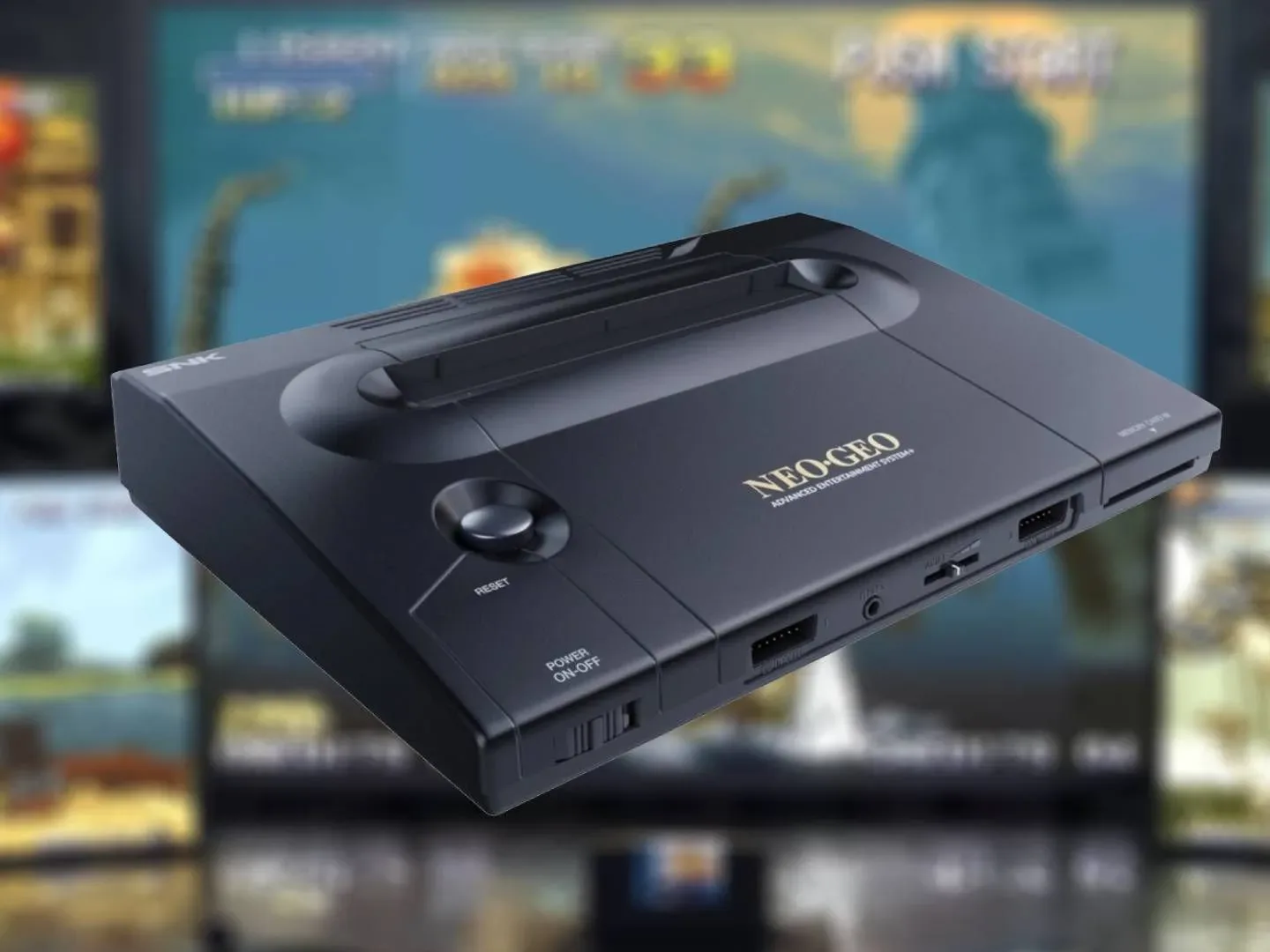 Neo Geo AES+ with gameplay footage from trailer blurred in backdrop.