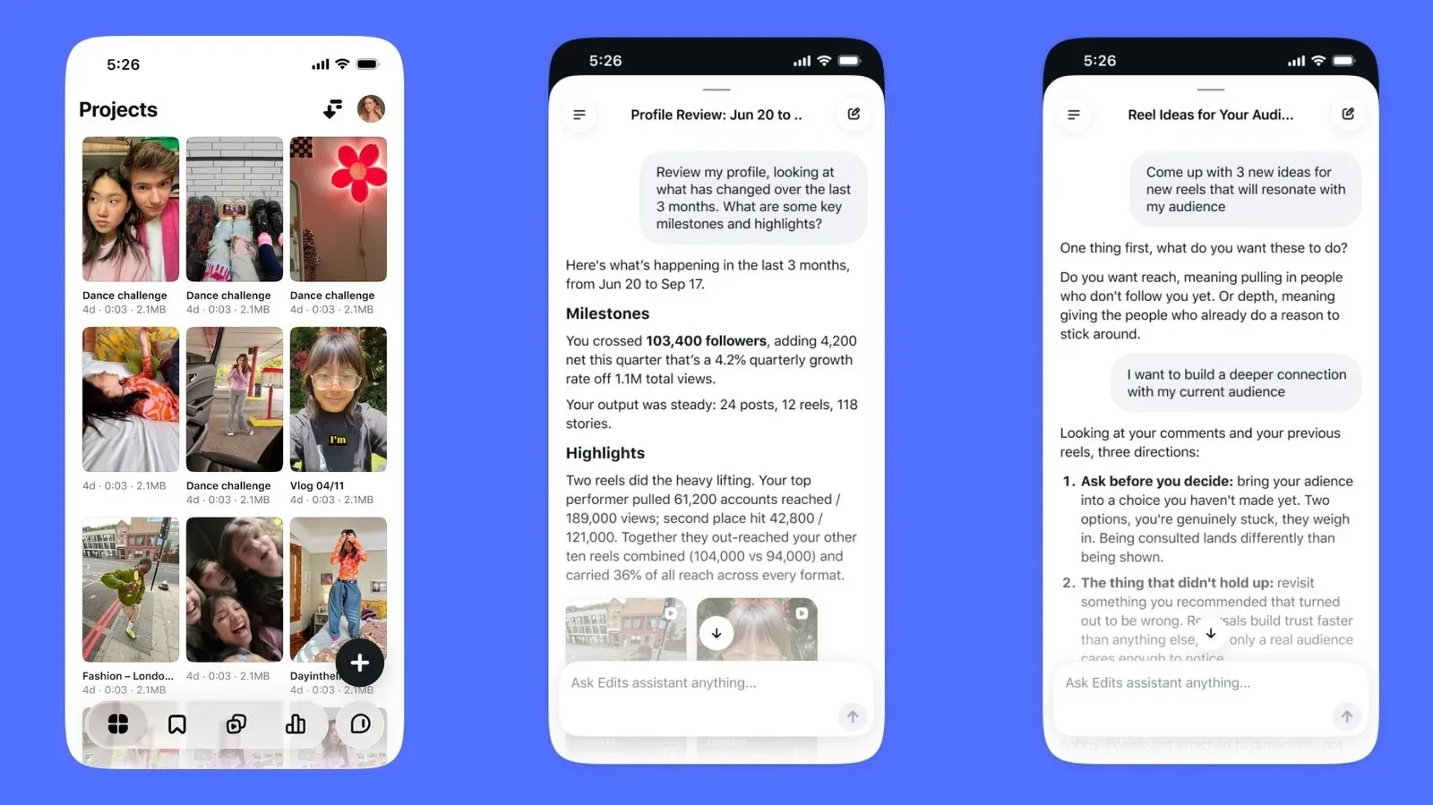 Meta Edits assistant interface illustrating AI-powered Instagram creator analytics