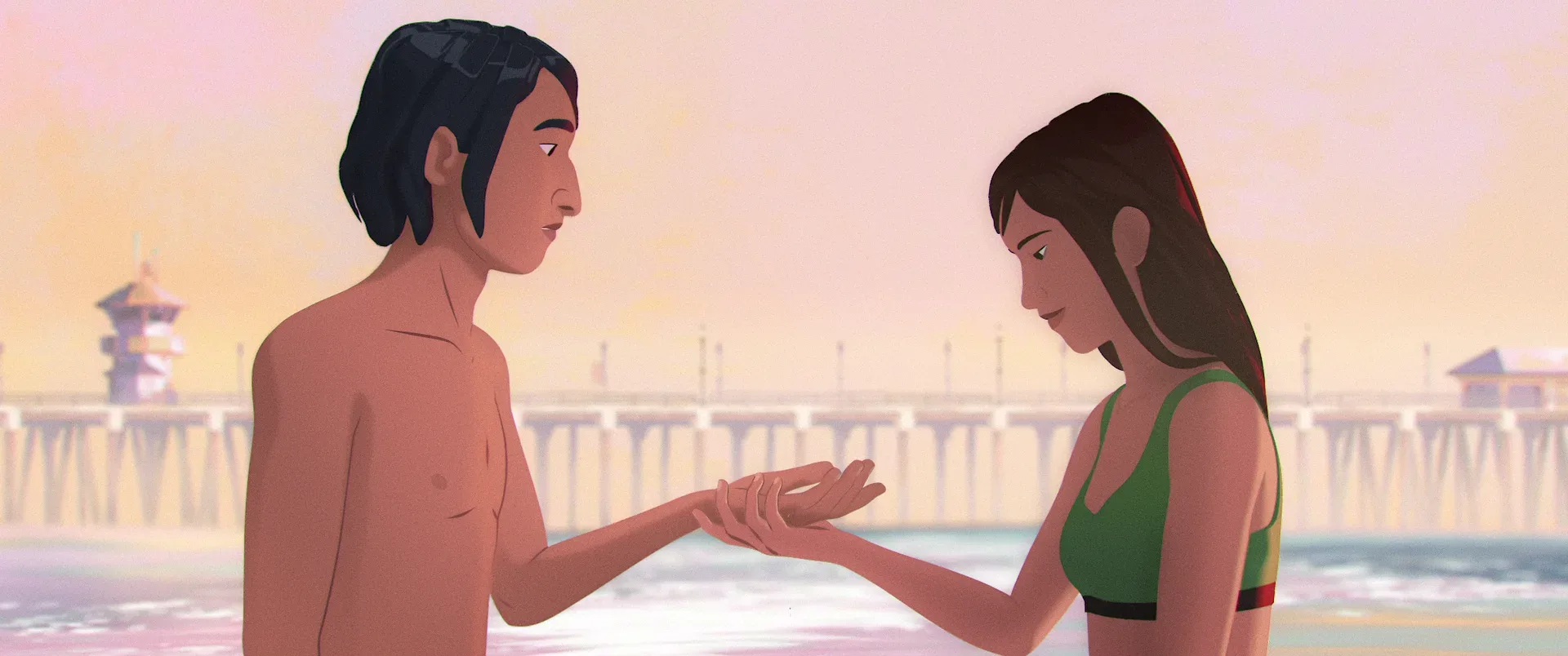 Illustrated ocean waves representing the animated feature In Waves