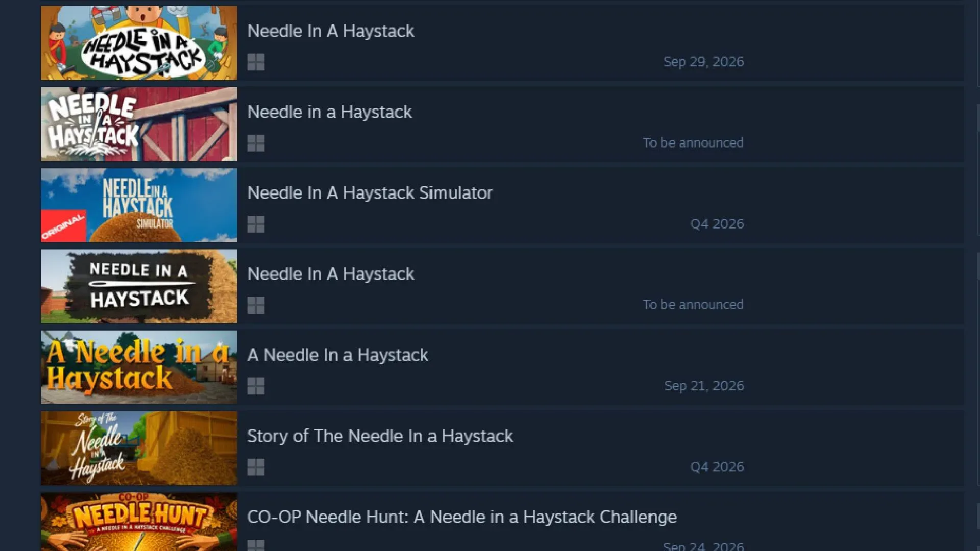 Steam search results showing similarly titled needle-in-a-haystack games