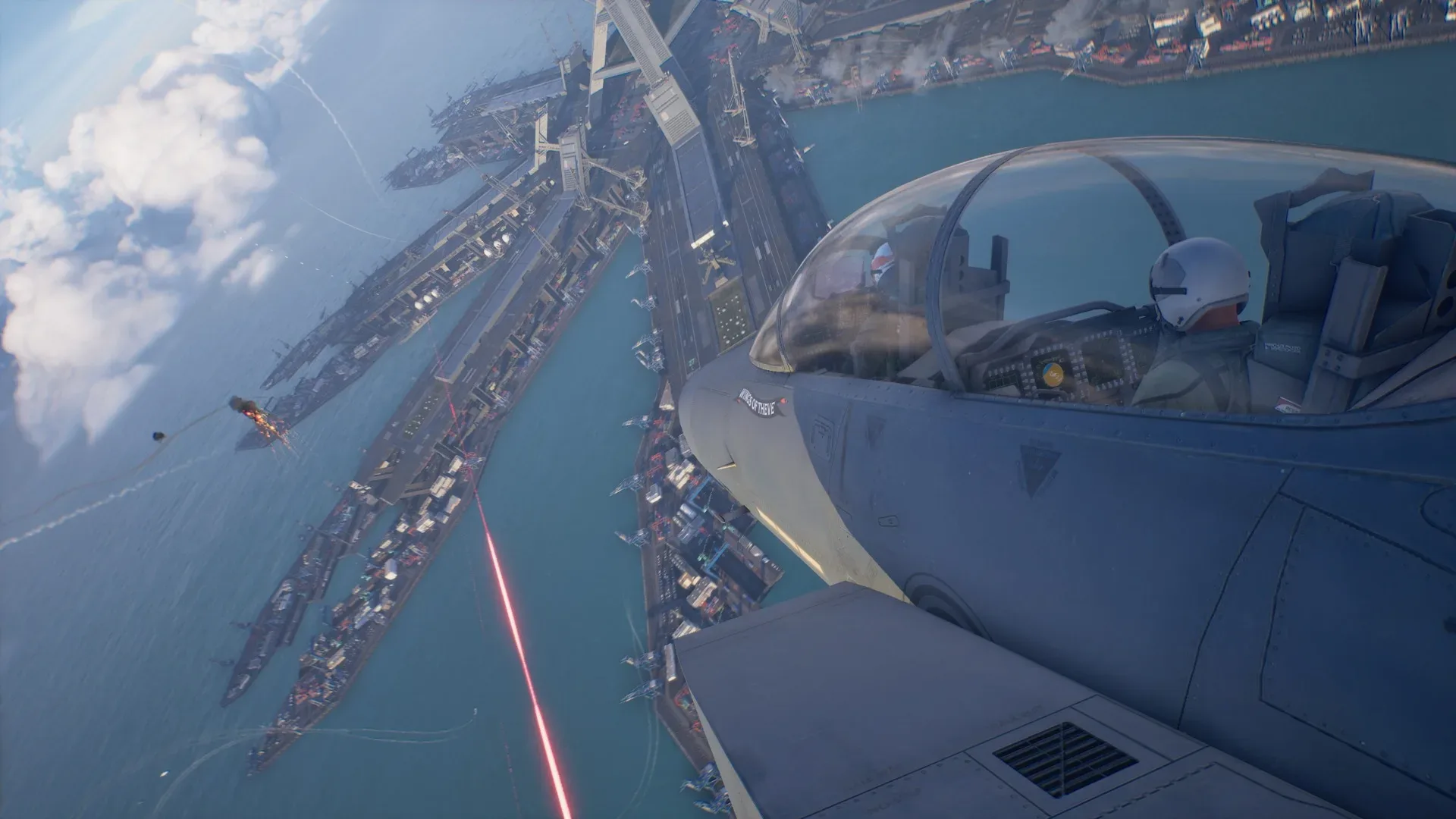 Ace Combat 8 jet flying through dense clouds from a cockpit perspective