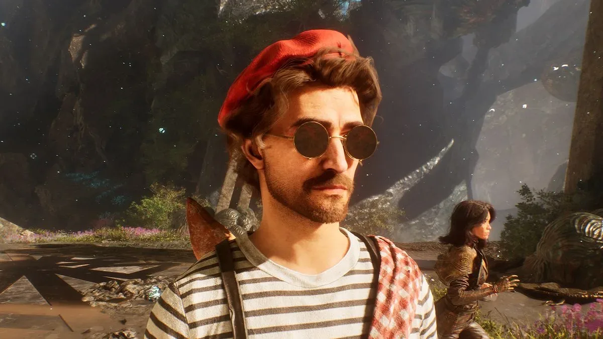 Gustave stands in the foreground wearing beret and striped shirt