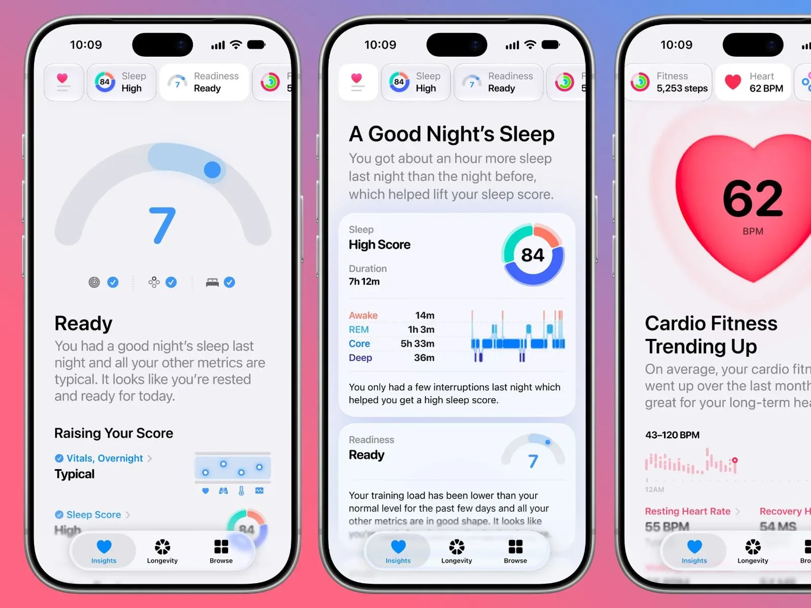 Health app Longevity dashboard displaying Health Age and wellness categories