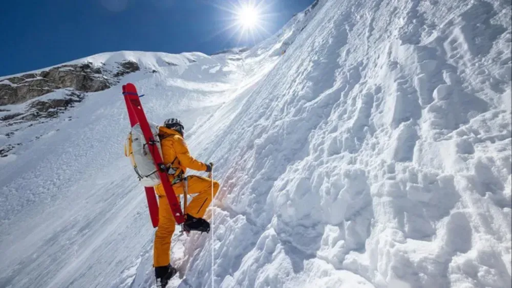 A high-altitude expedition camp with bright tents on Everest