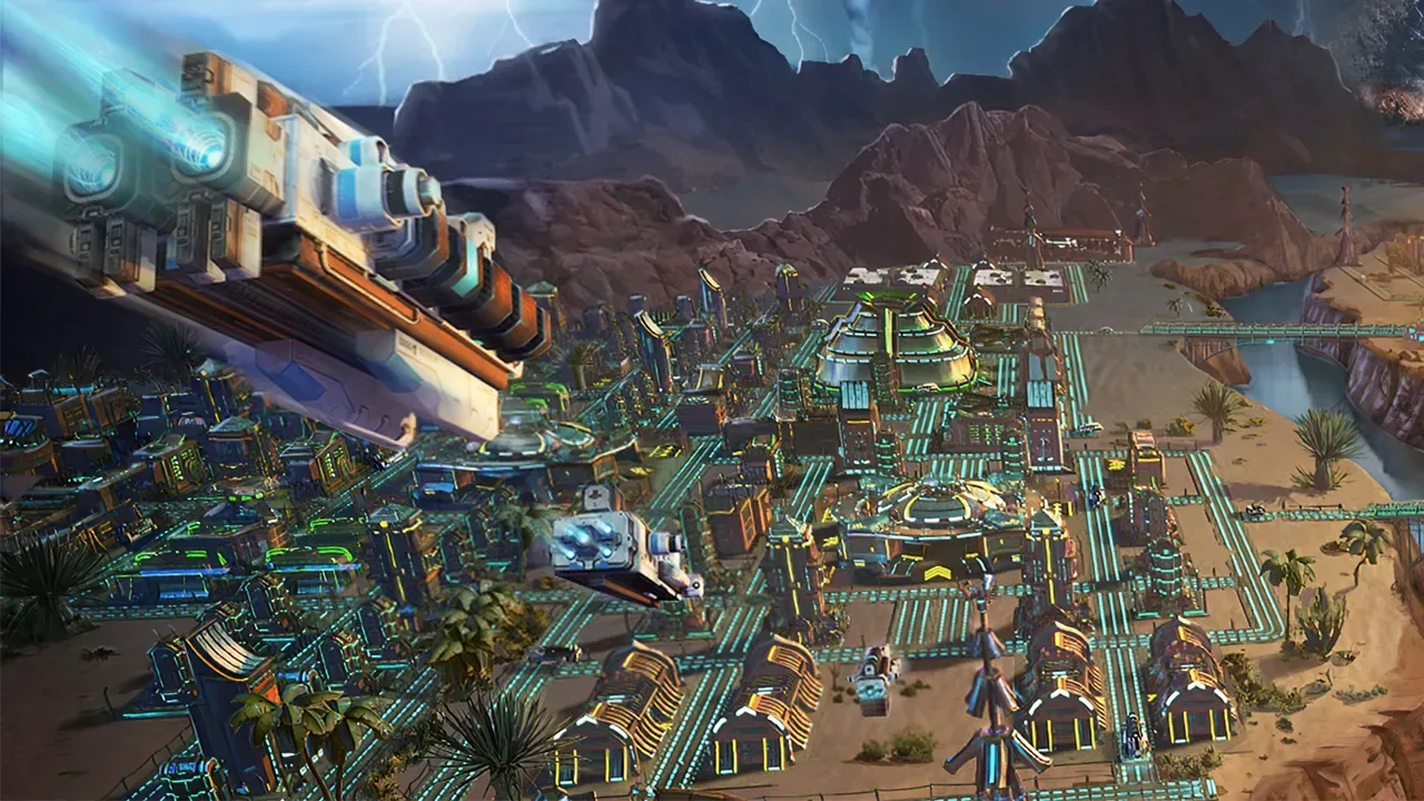Xiri: Oasis Cities city-builder screenshot featuring advanced infrastructure