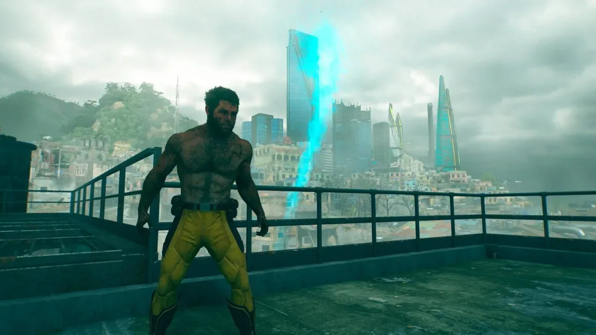 Marvel’s Wolverine gameplay showing Logan following a blue scent trail