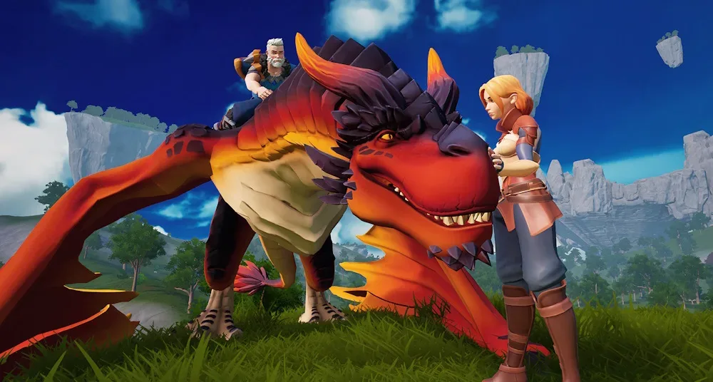 A dragon-riding companion flying between floating islands in Eldrem Kingdoms