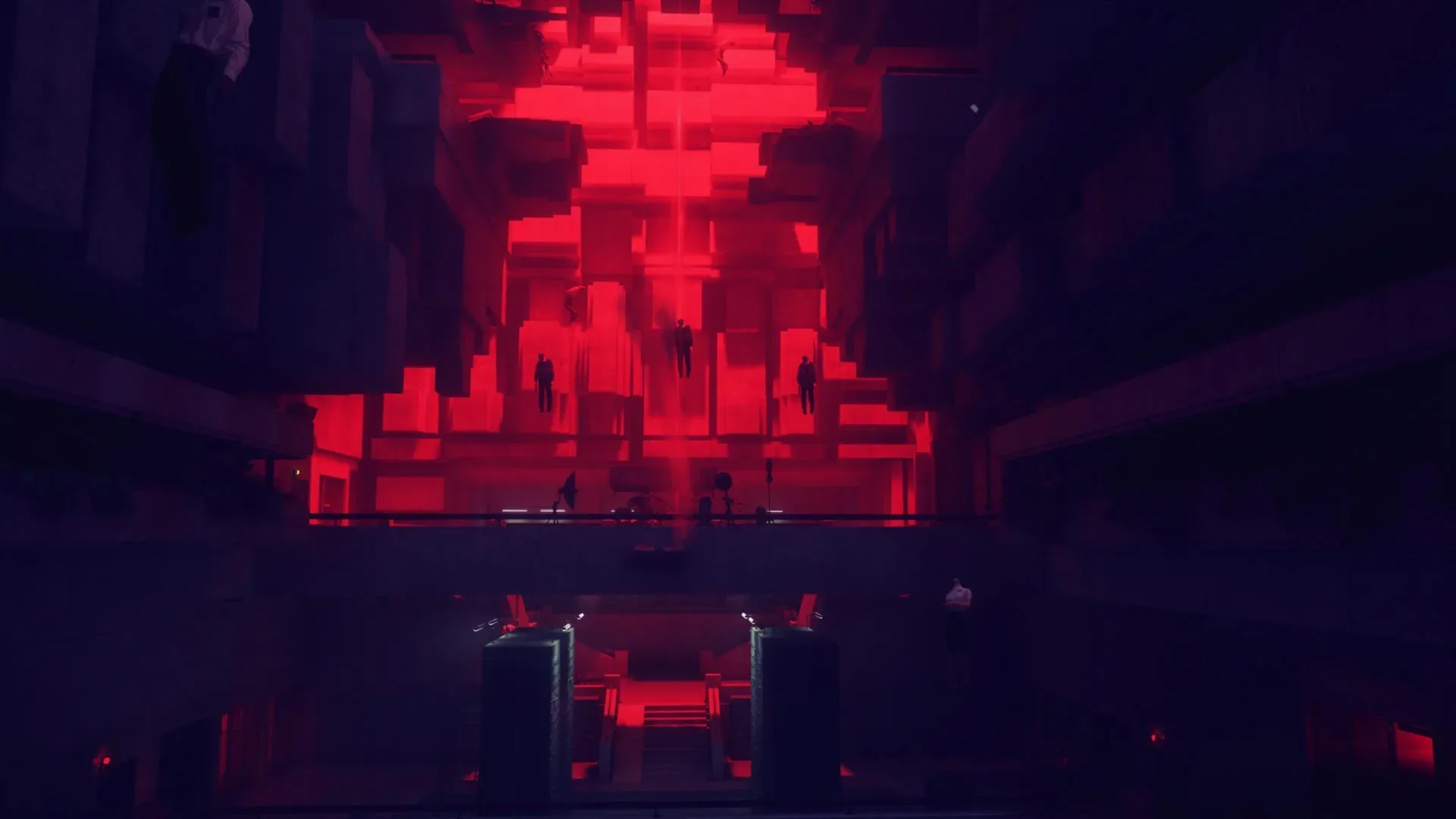 Red-lit impossible architecture inside the Oldest House