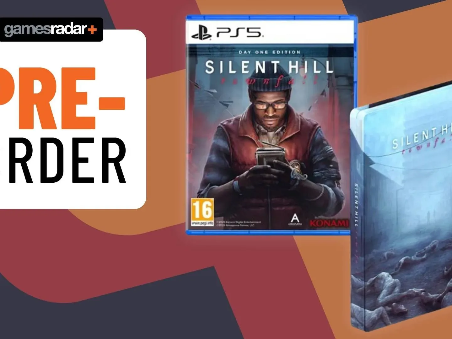 Image of the PS5 Silent Hill Townfall box and its steelbook on a black and orange GamesRadar+ background.