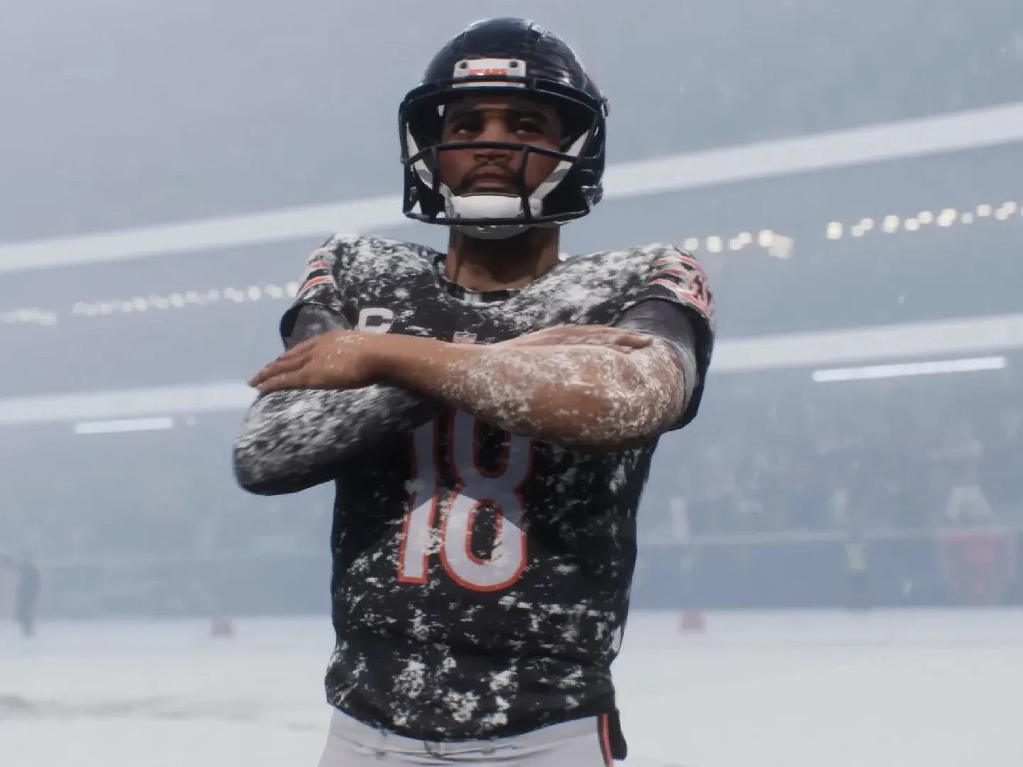 Chicago Bears quarterback Caleb Williams covered in snow in Madden NFL 27