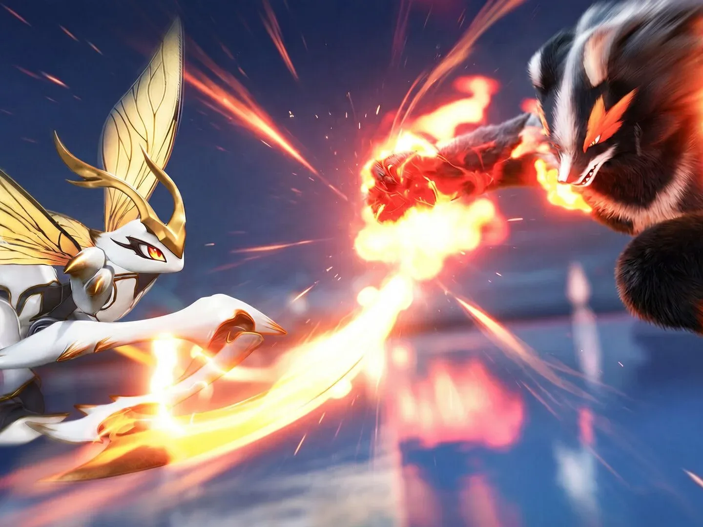 Aniimo screenshot showing two creatures facing off in a fiery duel