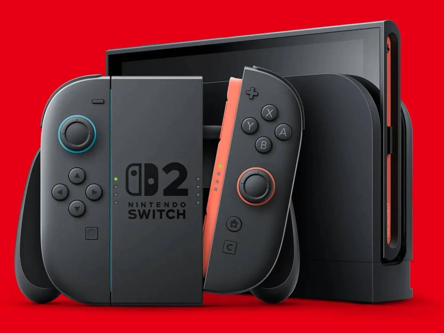Nintendo Switch 2 in dock next to JoyCon controller grip and red backdrop