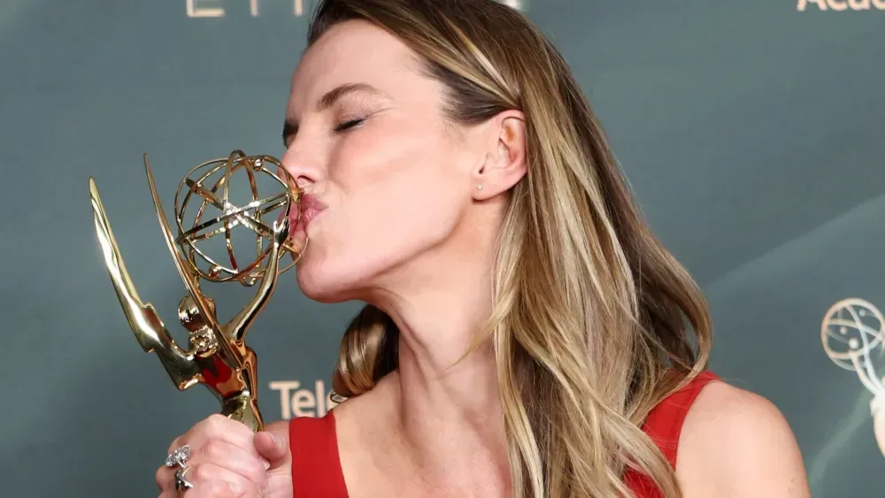 Widow’s Bay cast and crew celebrating the show’s Emmy wins