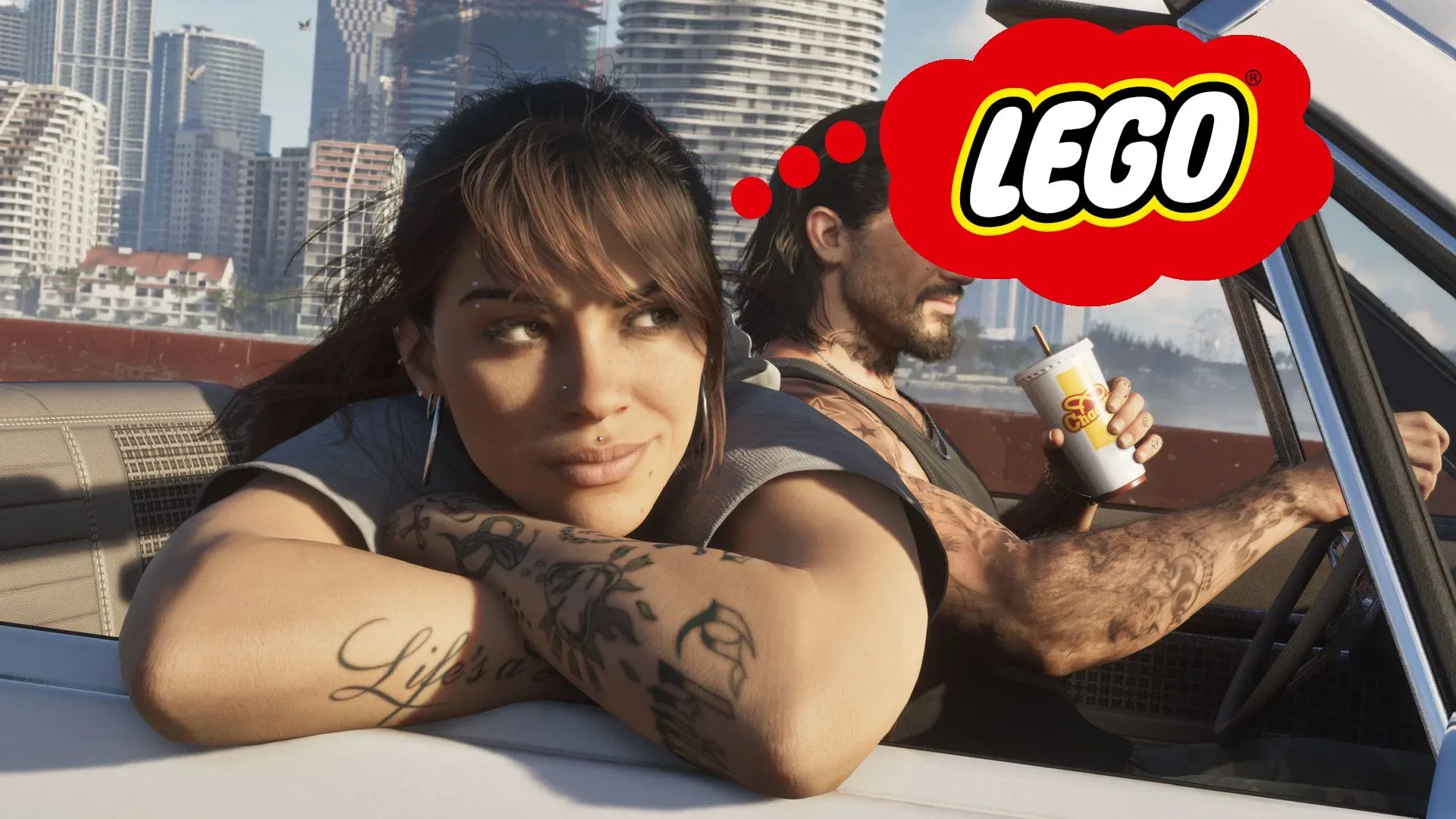 Fan-made Lego GTA 6 diorama showing Lucia and Jason escaping police in a speedboat beneath a colorful GTA 6 logo