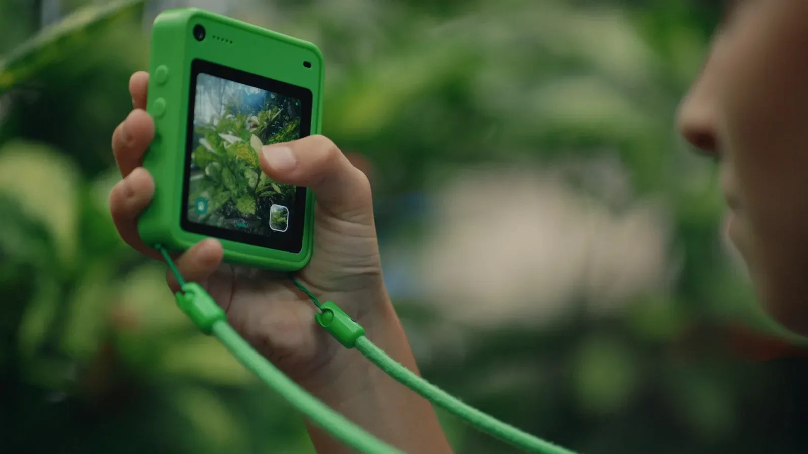 Freckle kid-focused phone showing a small square screen and outdoor Quest interface