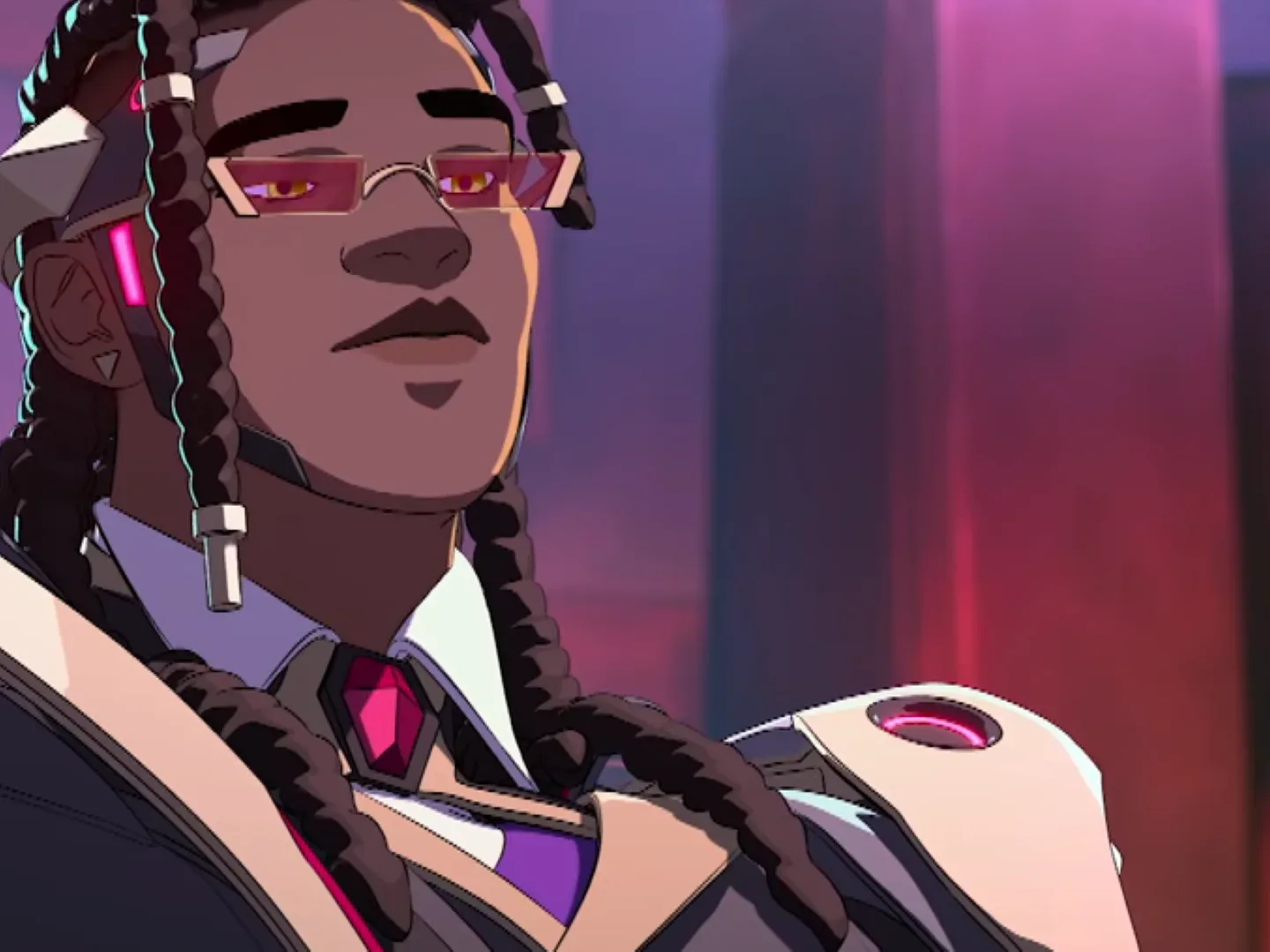 Screenshot from an Overwatch trailer, showing Doctrine, a slick vampire with red glasses and an armored suit.