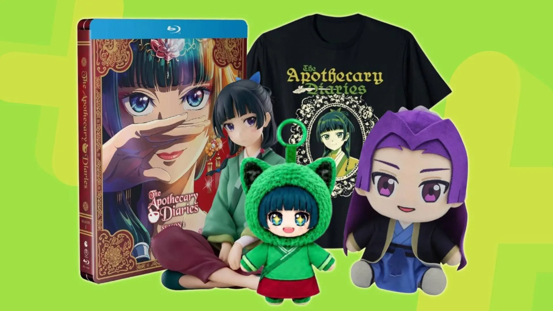A Maomao figure displayed beside The Apothecary Diaries Season 1 and Season 2 Blu-ray cases