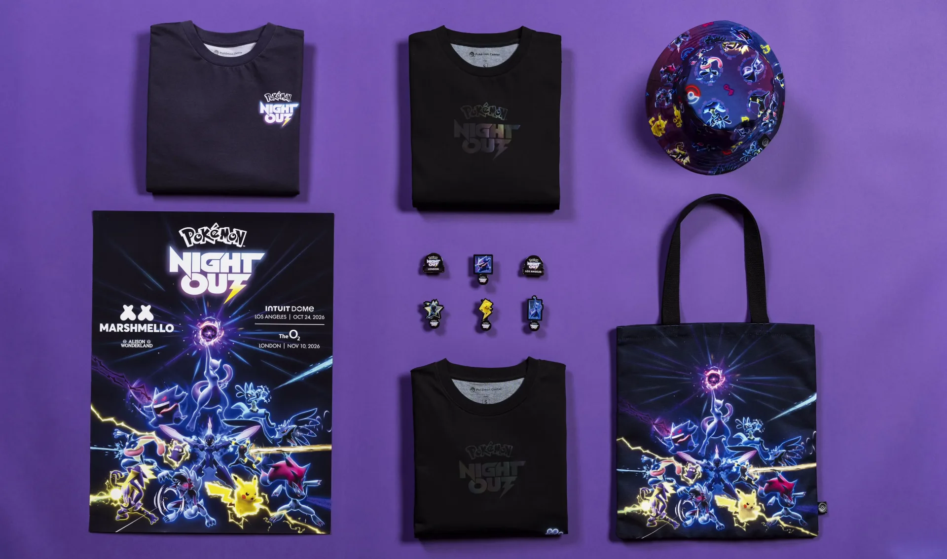 Pokémon Night Out merchandise including shirts, poster, bucket hat, tote bag, and pins