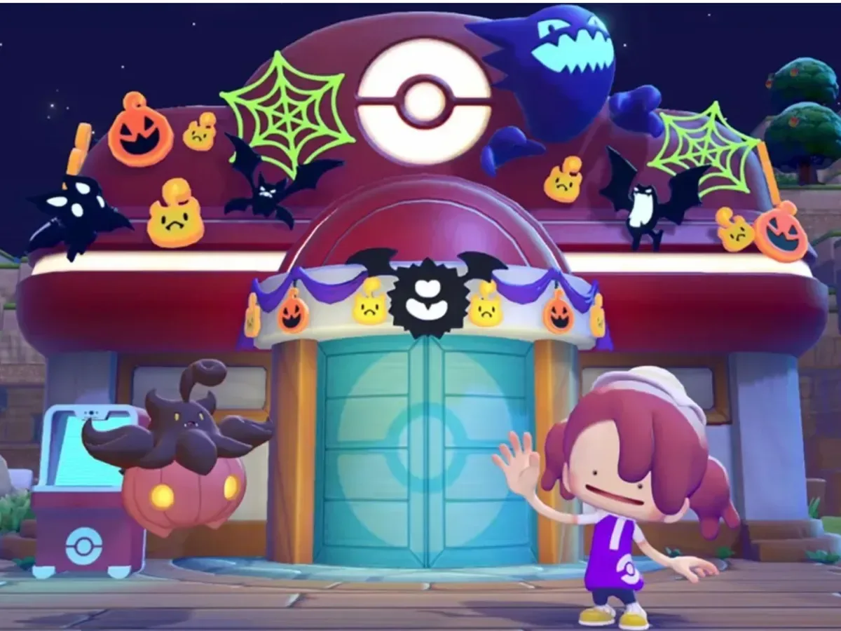 Pokémon Pokopia Halloween items including jack-o’-lanterns, spooky trees and a glowing ghost decoration