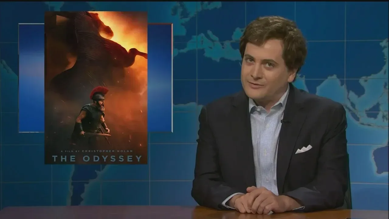 Jeremy Culhane as Tucker Carlson during an SNL Weekend Update movie-review sketch