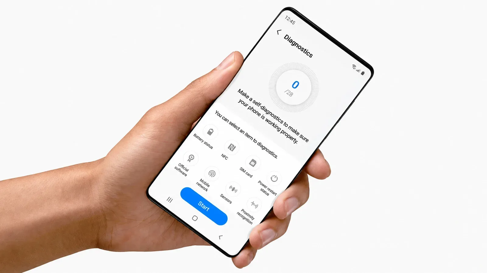 Samsung Galaxy Device care diagnostics screen showing phone hardware tests