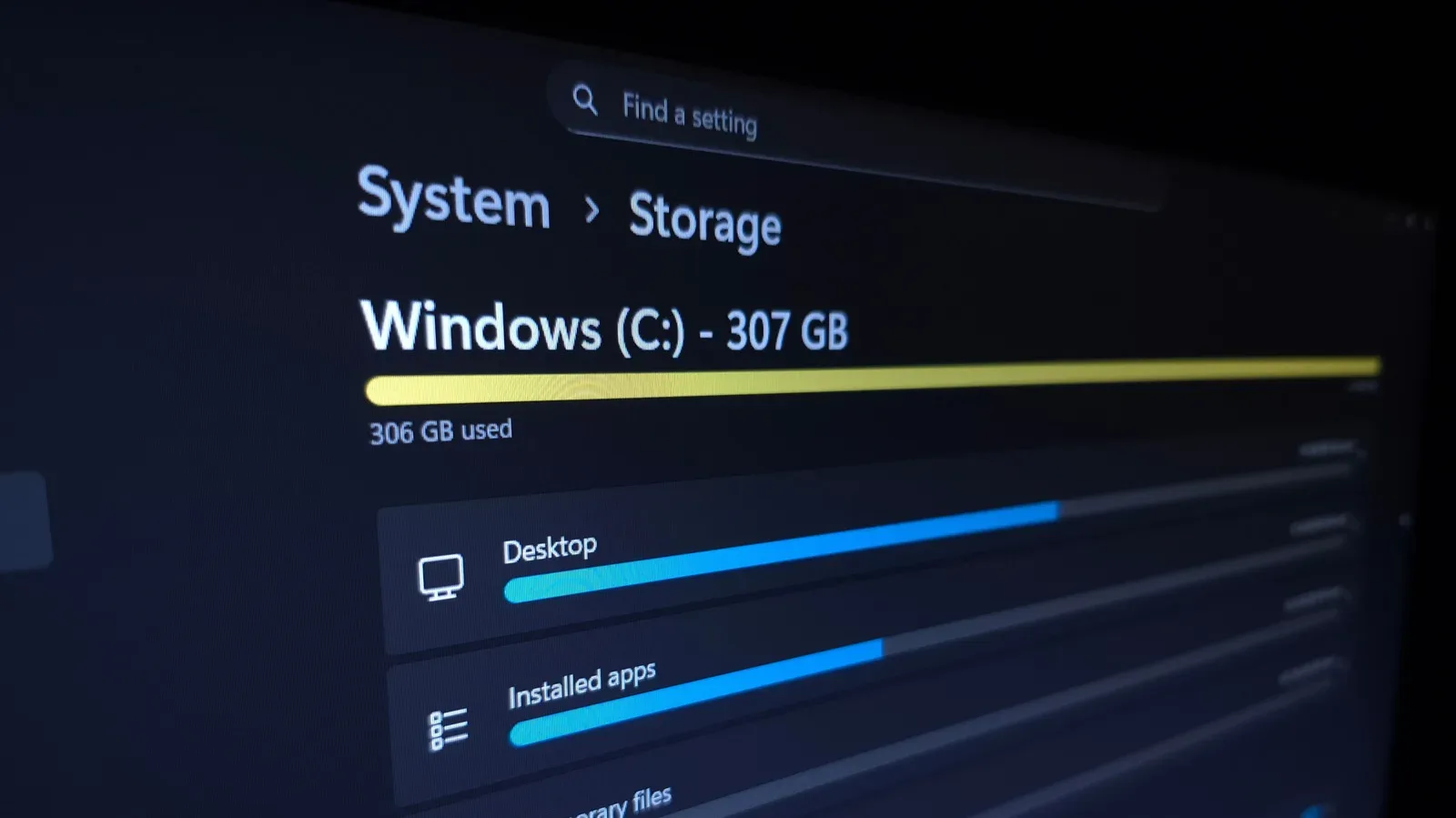 Windows Storage settings showing drive usage categories