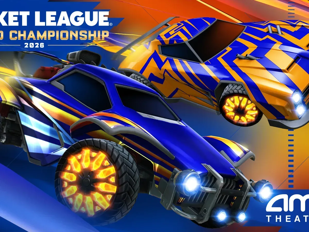 Rocket League esports cars competing on a stadium field during a world championship match