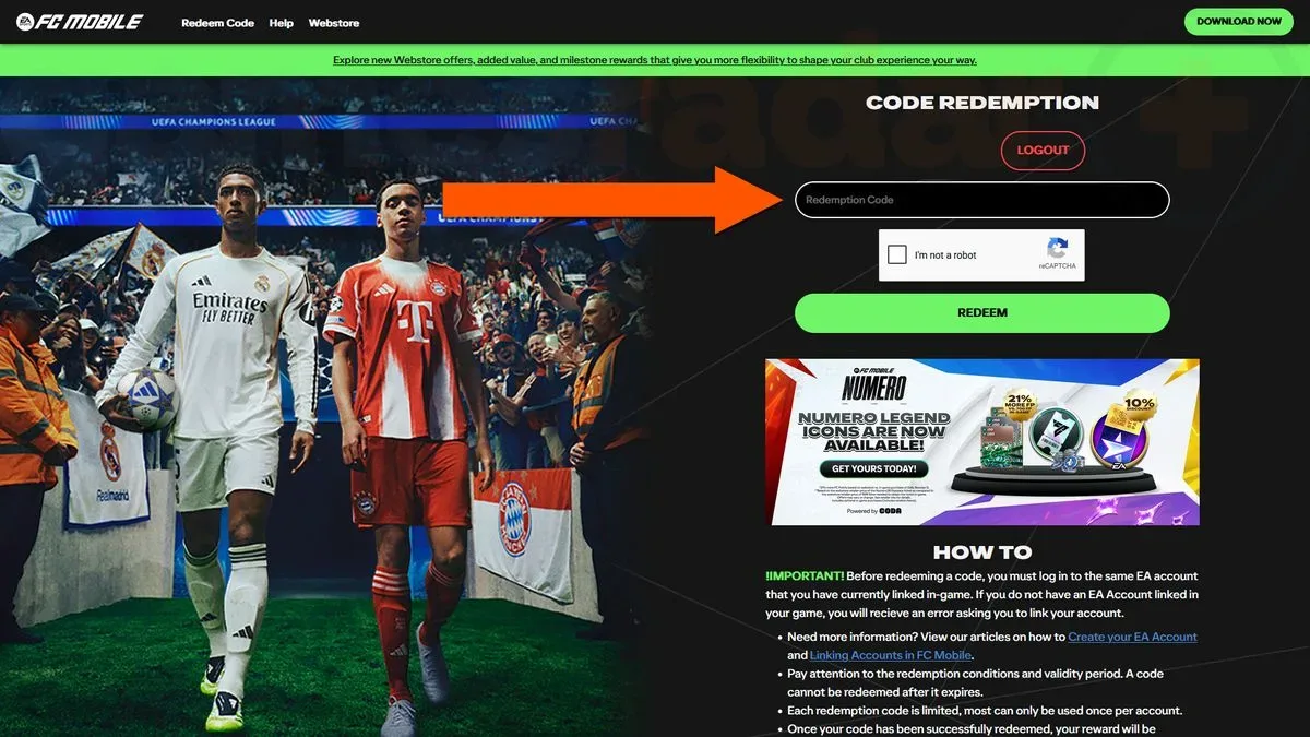 Using the website to redeem FC Mobile codes