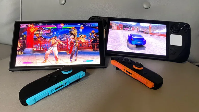 Nintendo Switch 2 docked beside a television while Steam Deck OLED is used in handheld mode