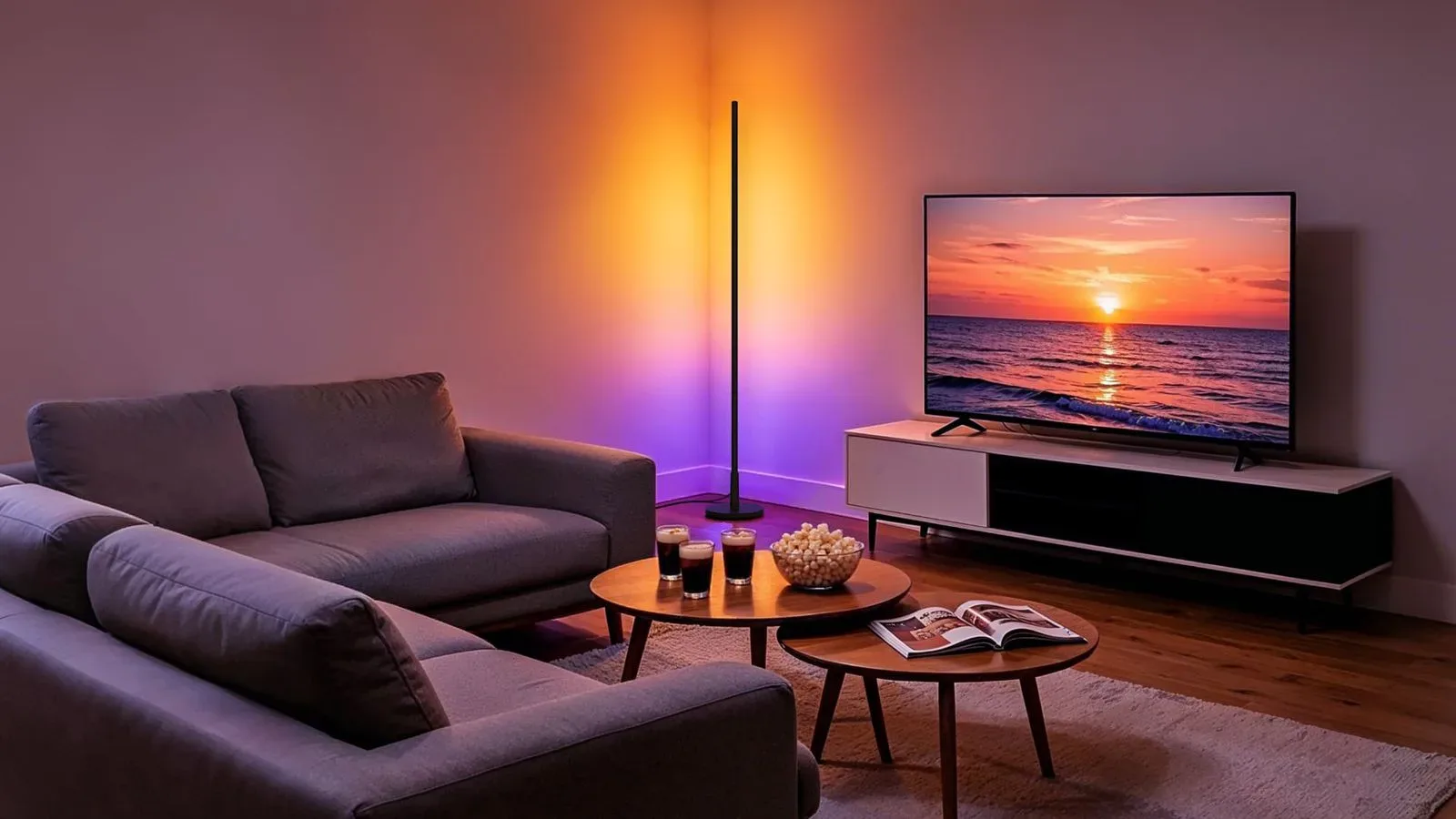 Aqara Floor Lamp T1 casting multi-zone colour light across a wall