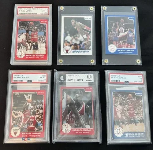 Michael Jordan basketball card listings shown with seller asking prices rather than completed-sale values