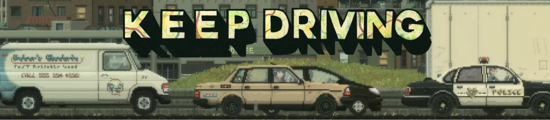 Keep Driving road-trip management RPG shown on a pixel-art open road