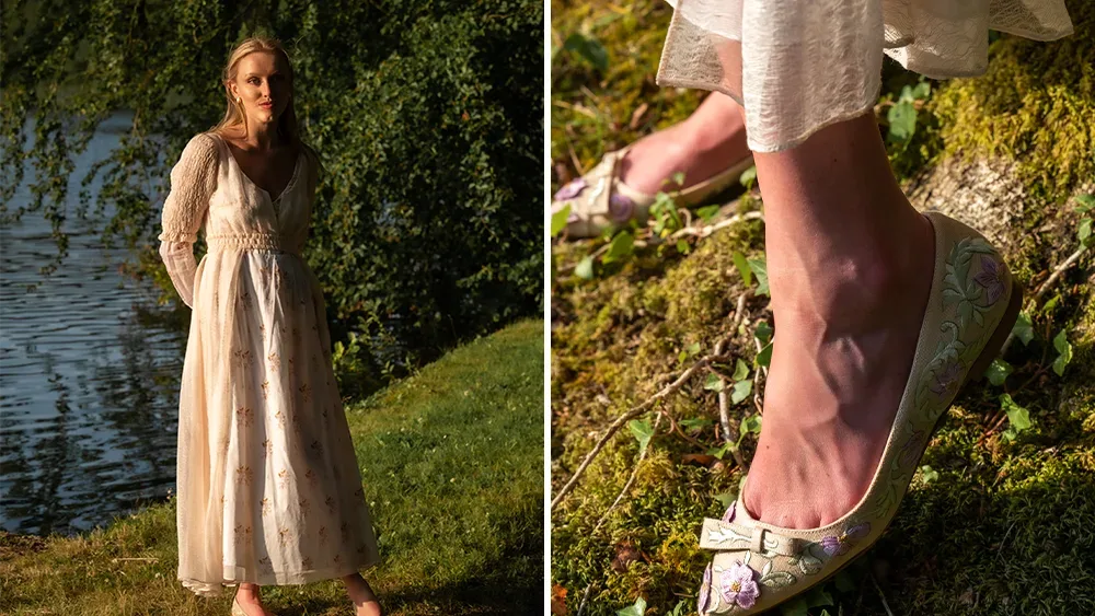 Hand-embroidered Japanese anemone detail on Sarah Flint linen shoe