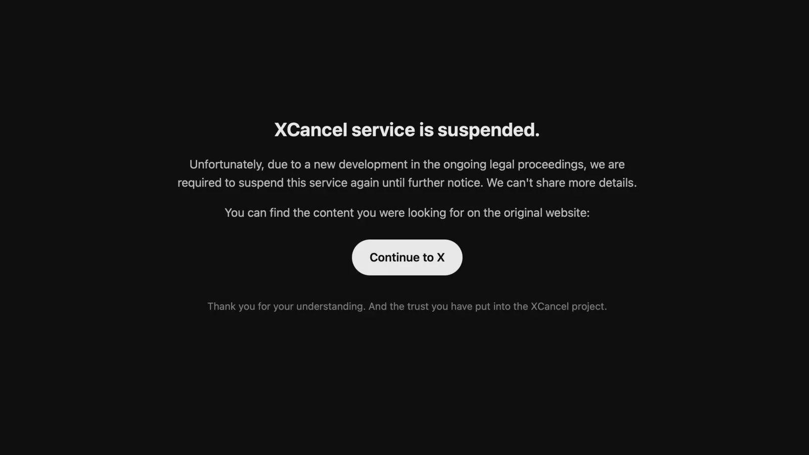Nitter and XCancel service shutdown notice on a browser screen