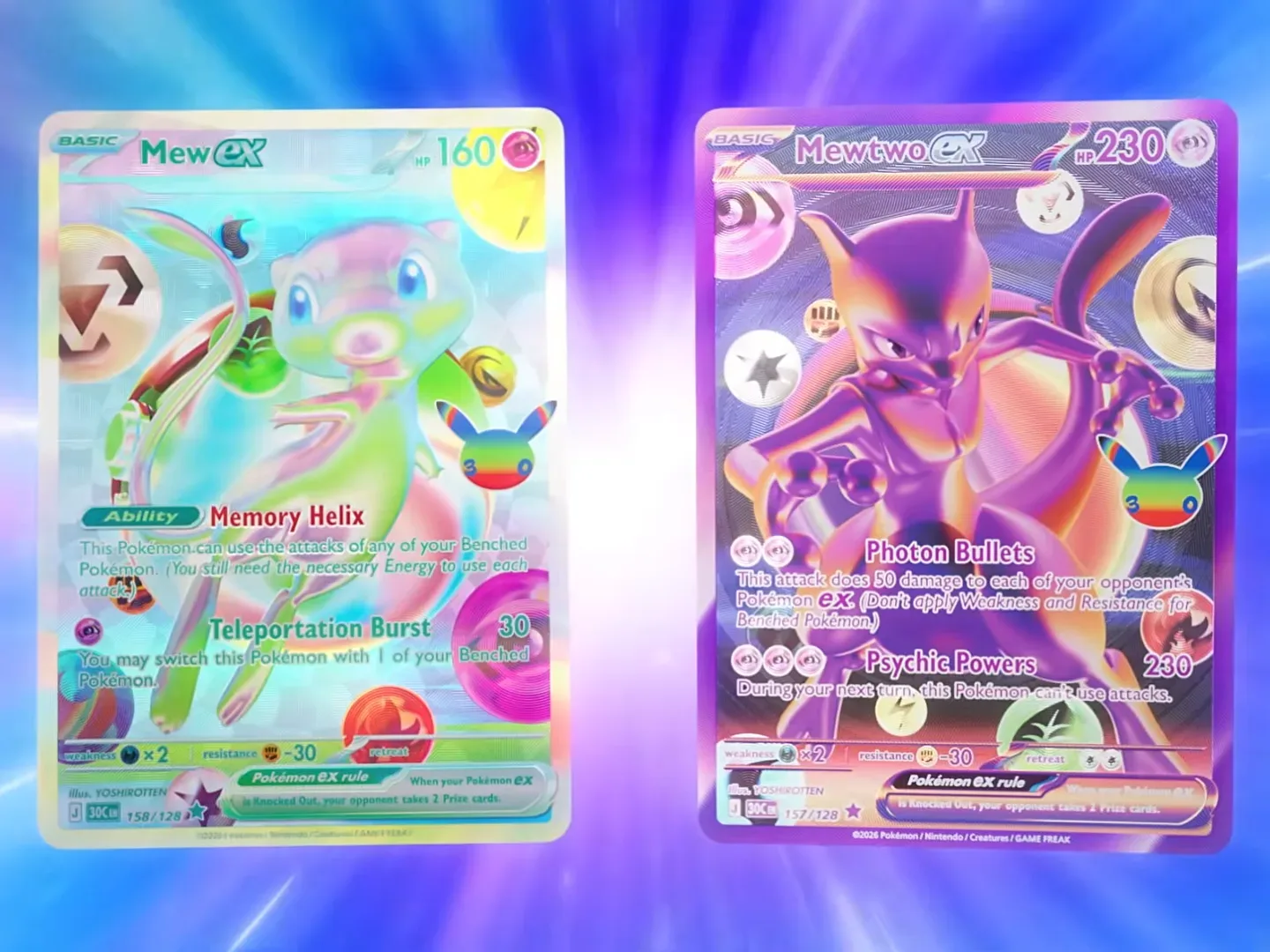 Mew and Mewtwo ex cards on a blue and purple background