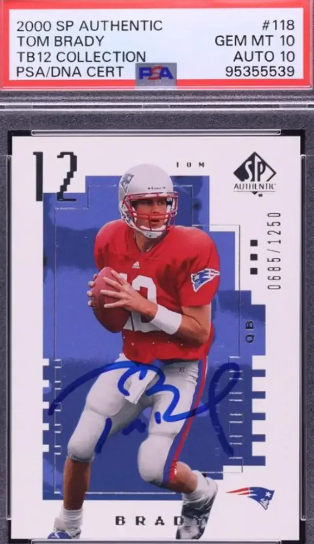 Tom Brady on SP Authentic Card, wearing red jersey on blue geometric pattern atop white card background, Patriots logo.