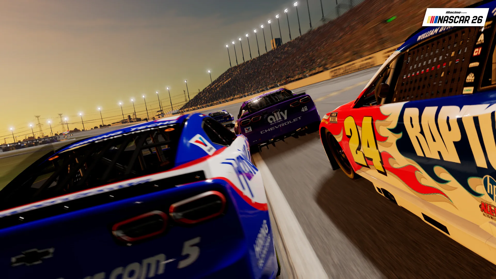 NASCAR 26 in-game screenshot showing stock cars racing under the lights