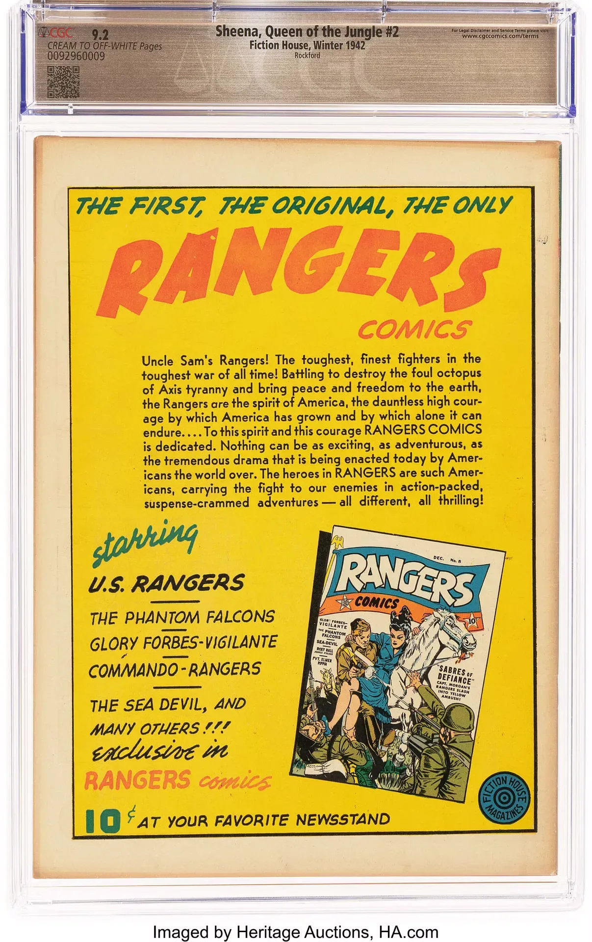 Sheena, Queen of the Jungle #2 (Fiction House, 1942) back cover in its CGC holder, featuring an advertisement for Rangers Comics and its wartime adventure features.
