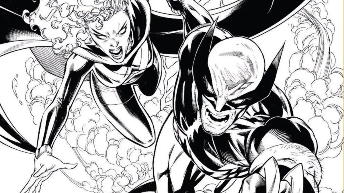 Unlettered and uncolored interior art from Maximum X-Men #1 featuring Storm and Wolverine defending a young girl