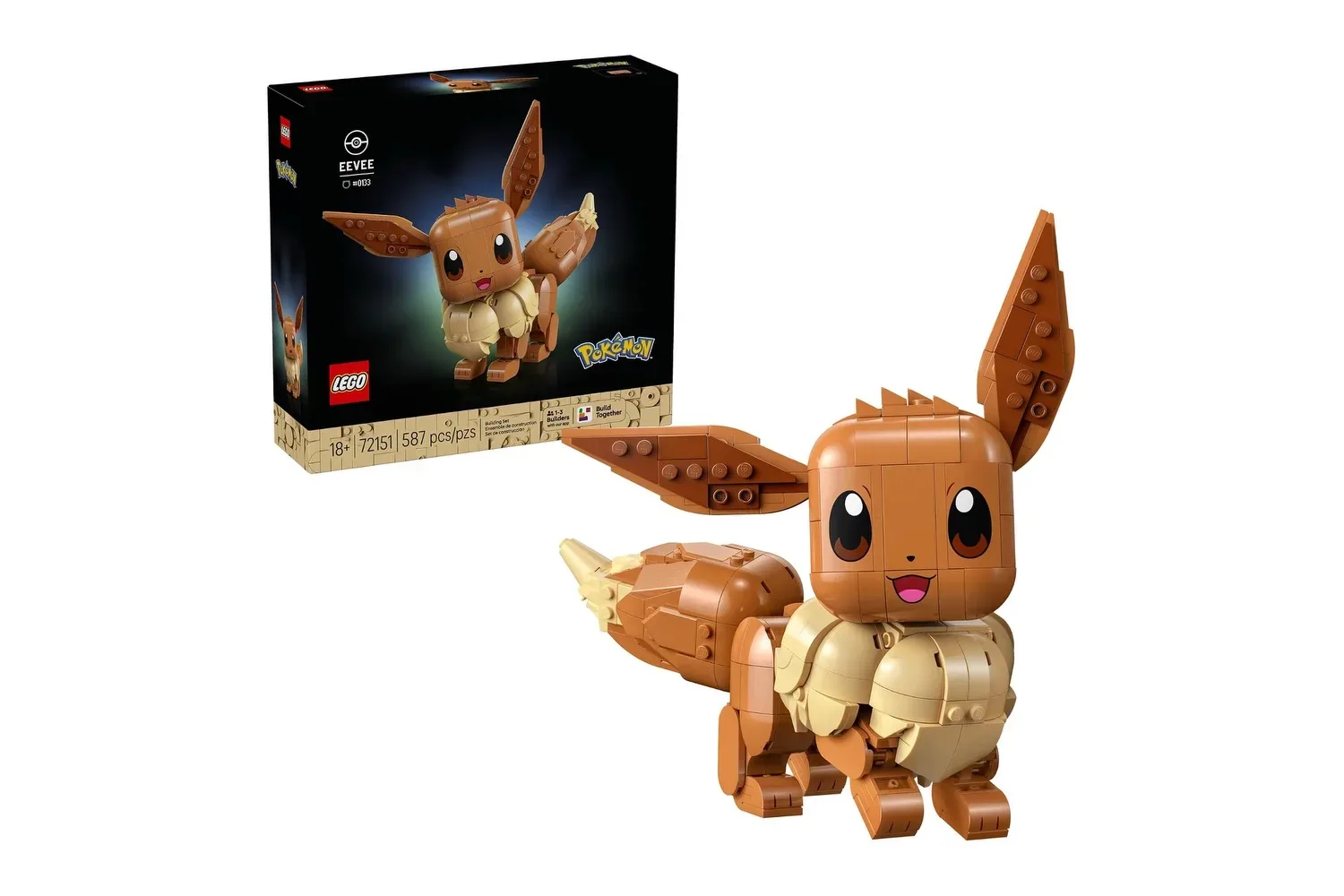 Posable LEGO Pokémon Eevee display model with oversized ears, cream ruff and bushy tail