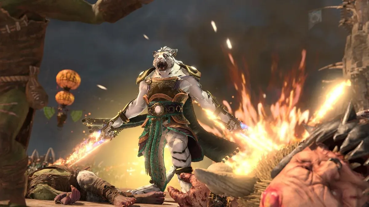 A screenshot of Tiger Warriors in battle from Total War: Warhammer 3's Bhashiva character pack