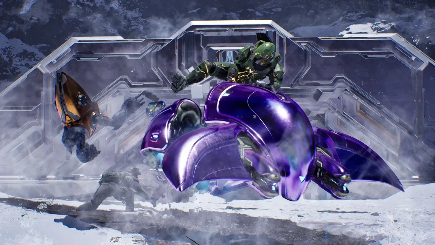 Master Chief overlooking a remastered Halo ringworld landscape